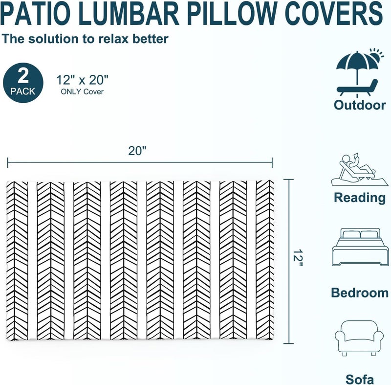 DYTXIII Pack of 2 Outdoor Waterproof Lumbar Pillow Covers ONLY, 12x20 Rectangle Decorative Double Printed Pillow Cases for Patio Couch Porch Furniture - Herringbone Black White - Image 3